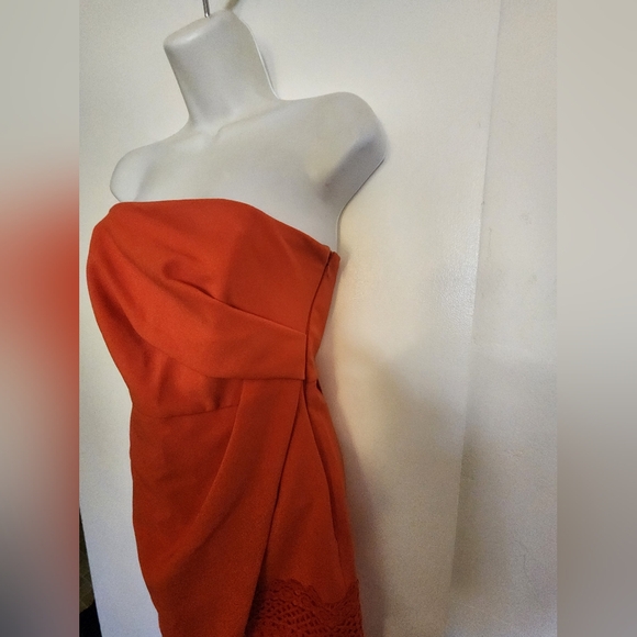 River Island Burnt Orange Strapless Asymmetrical Dress Tassel Detail Sz6 - Picture 7 of 12
